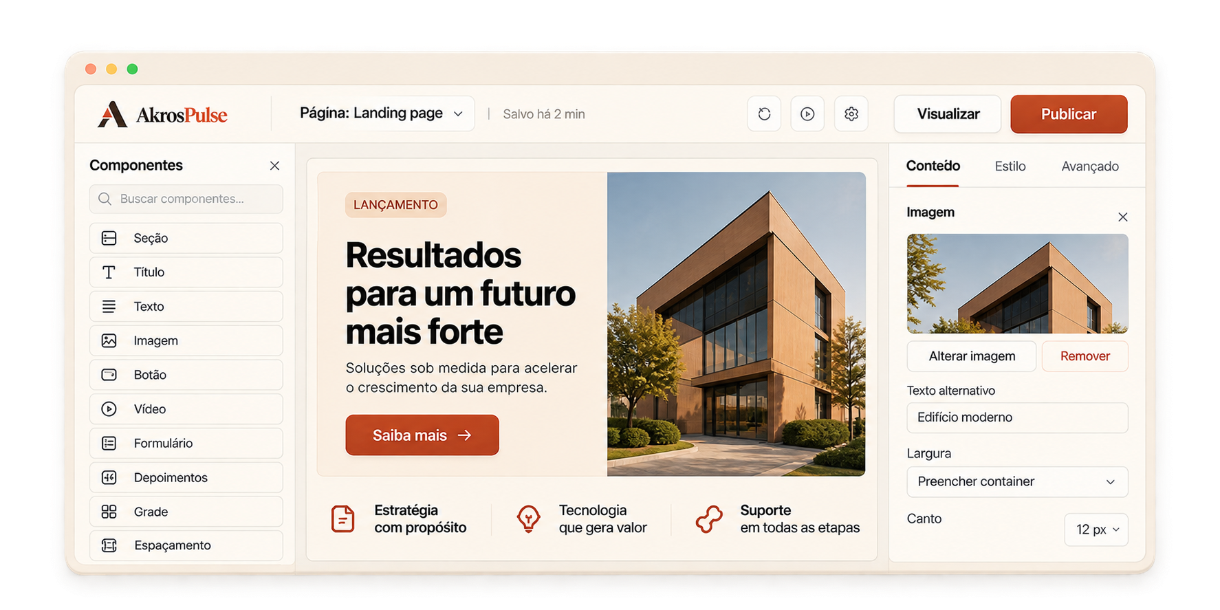 Editor visual de páginas do AkrosPulse