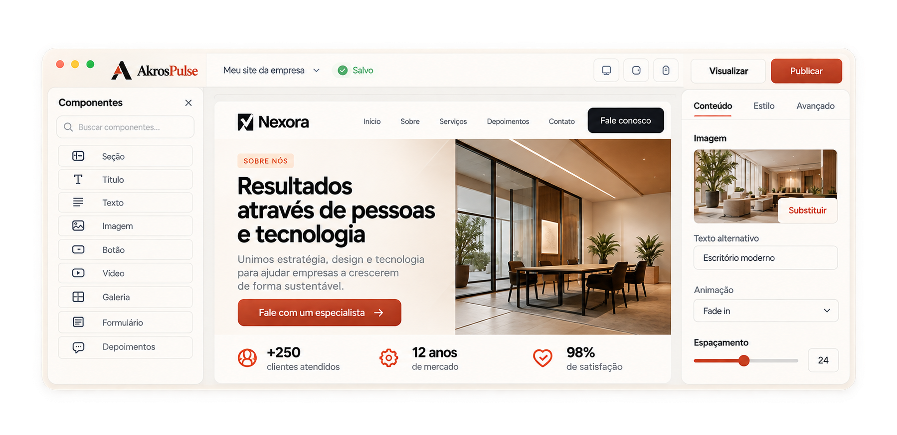 Editor com componentes e propriedades de estilo