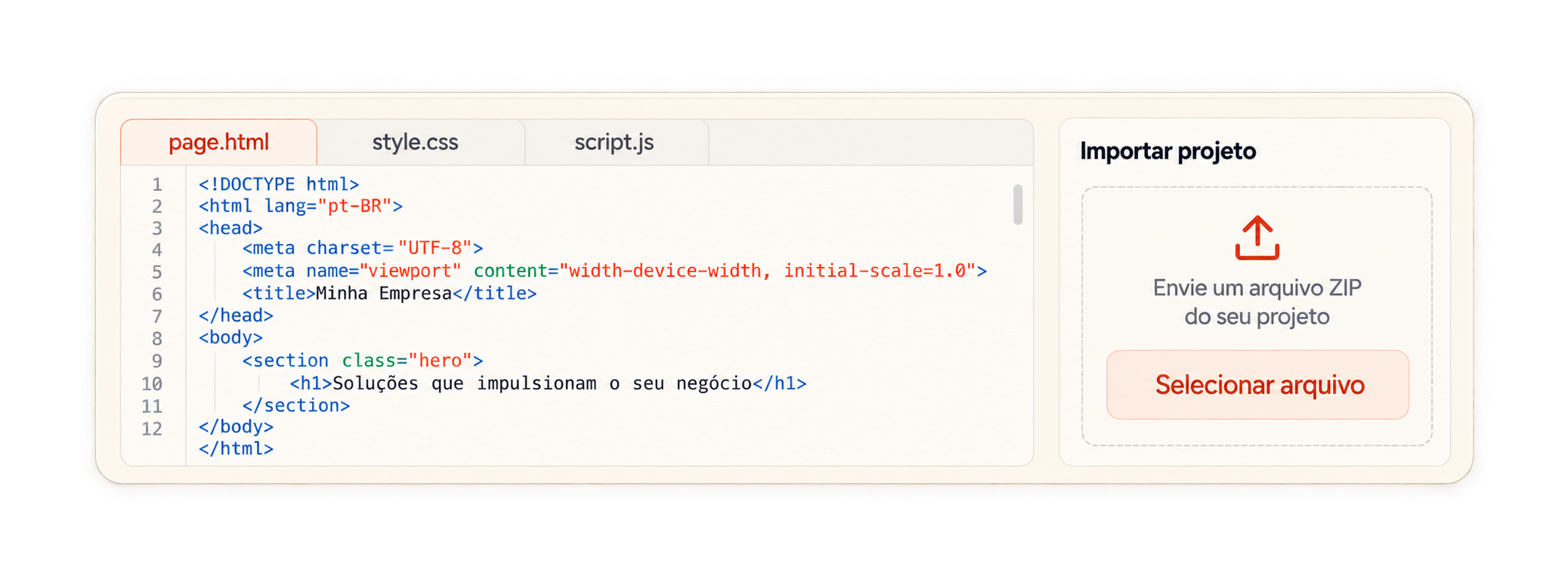 Editor de código com HTML, CSS, JavaScript e importação de ZIP