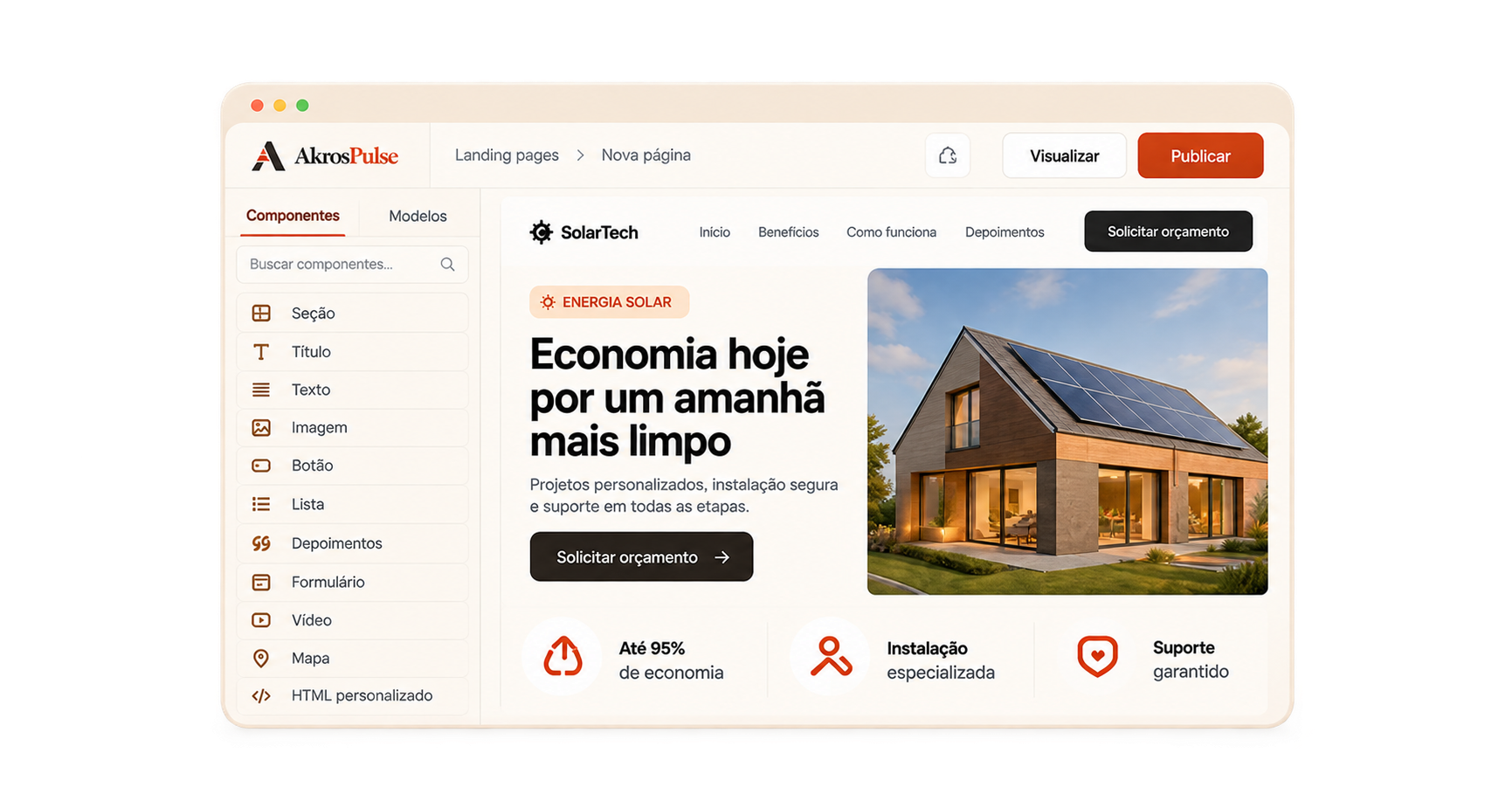 Editor visual de uma landing page sobre energia solar