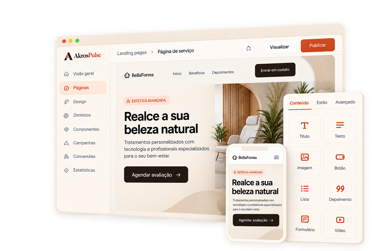 Mockup ilustrativo de landing pages do AkrosPulse