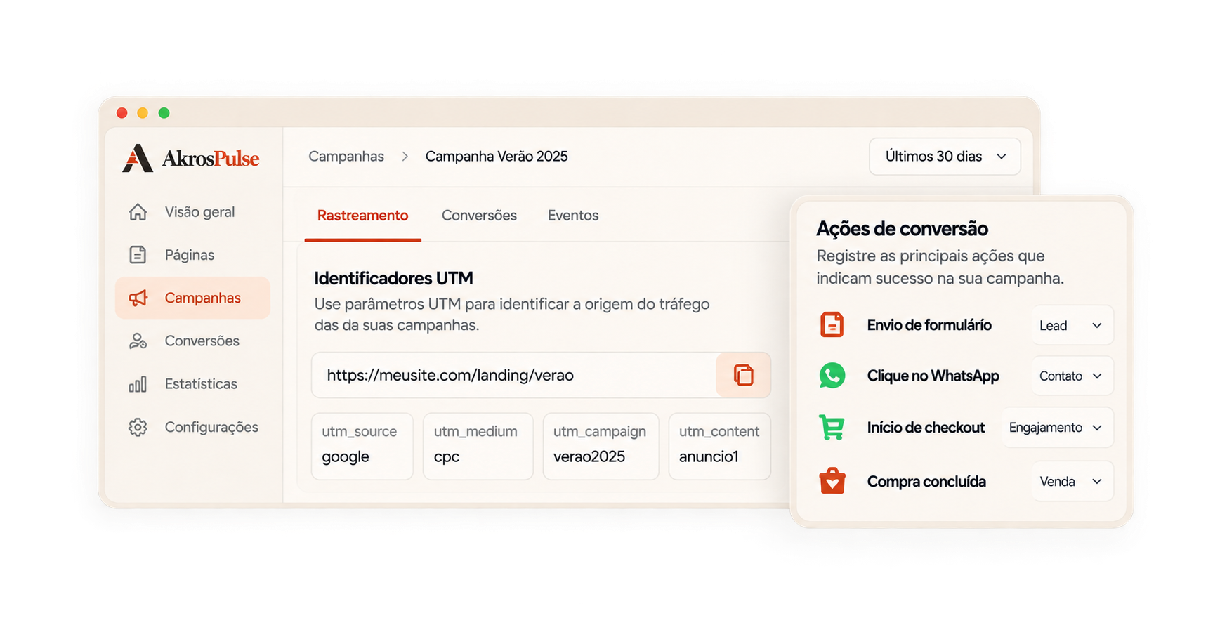 Exemplo de configuração UTM e ações de conversão