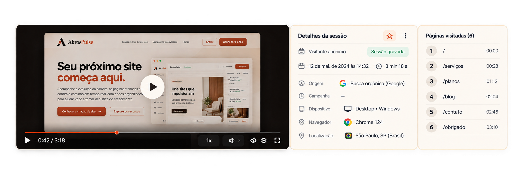 Exemplo ilustrativo de reprodução de sessão, detalhes e páginas visitadas