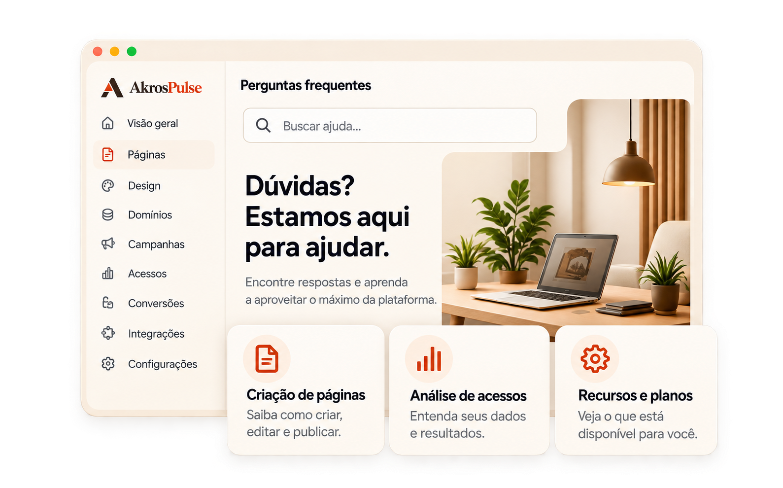 Mockup ilustrativo de perguntas frequentes do AkrosPulse